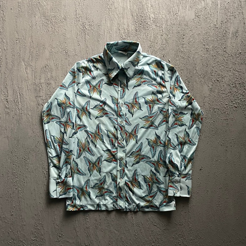Vintage Butterfly Print Button Up Shirt Womens 18 Blue 70s Lansea Pant-Man